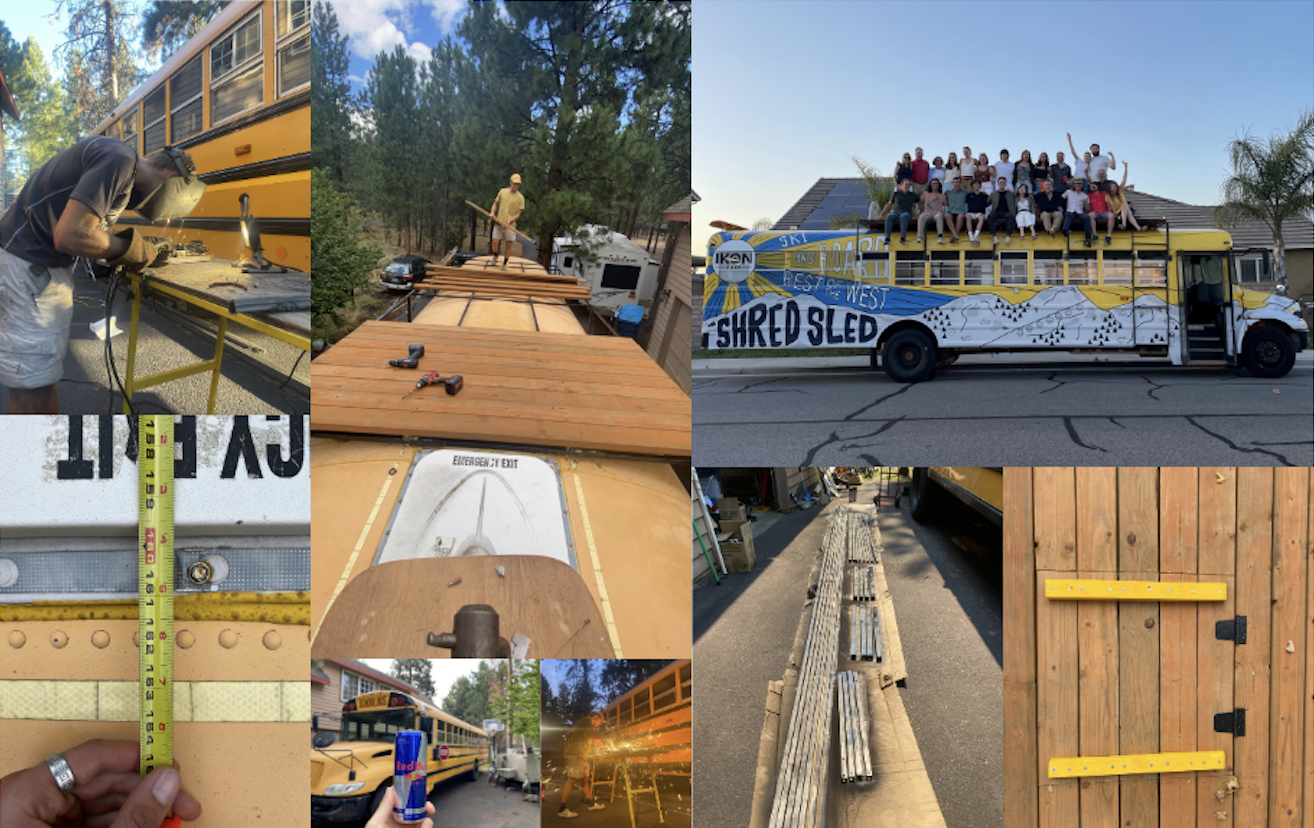 A collage of photos of the process of converting an old school bus to a ski bus.